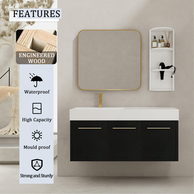 Meuble-lavabo mural 48 po avec lavabo et support de rangement, cuve gauche en résine à bords épais