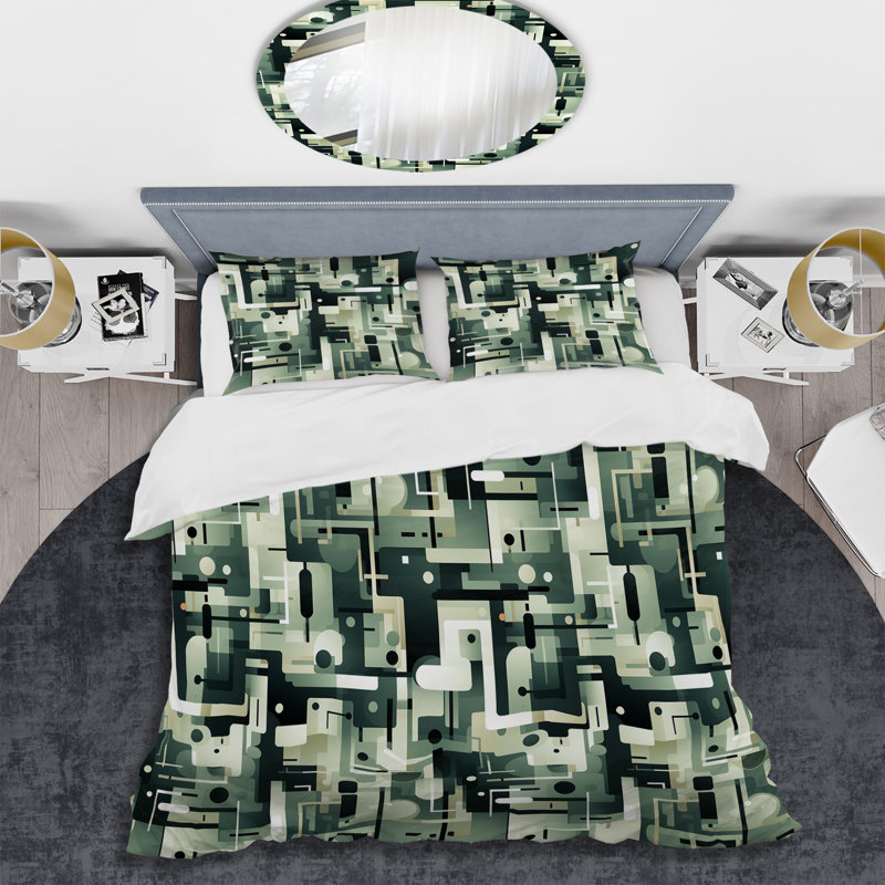 Green Urban Maze I - Ensemble de housse de couette géométrique - Polyester microfibre