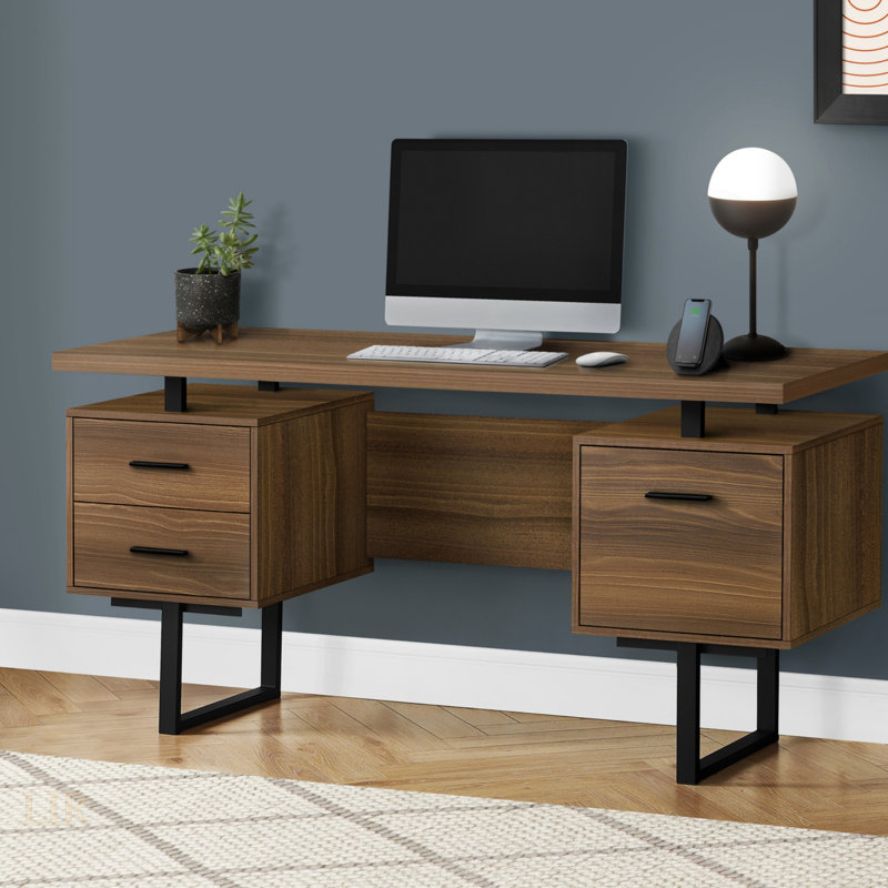 Contemporary 60 Inch Computer Desk With Storage, Reversible Left/Right Setup For Home Office And Laptop Use, Walnut/Black