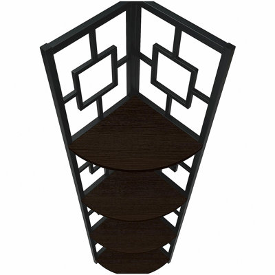 Étagère d'angle à 4 niveaux avec structure en métal noir, conception peu encombrante pour le bureau ou la chambre à coucher