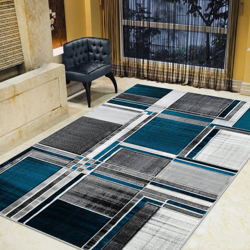 Tapis turquoise/gris tissé à la machine Aftan, Rectangle 5 pi x 7 pi