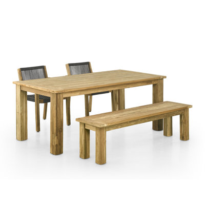 71" Oxford Reclaimed Teak Indoor Outdoor Dining Table Set With One 59" Bench & Two Rope Teak Armchairs