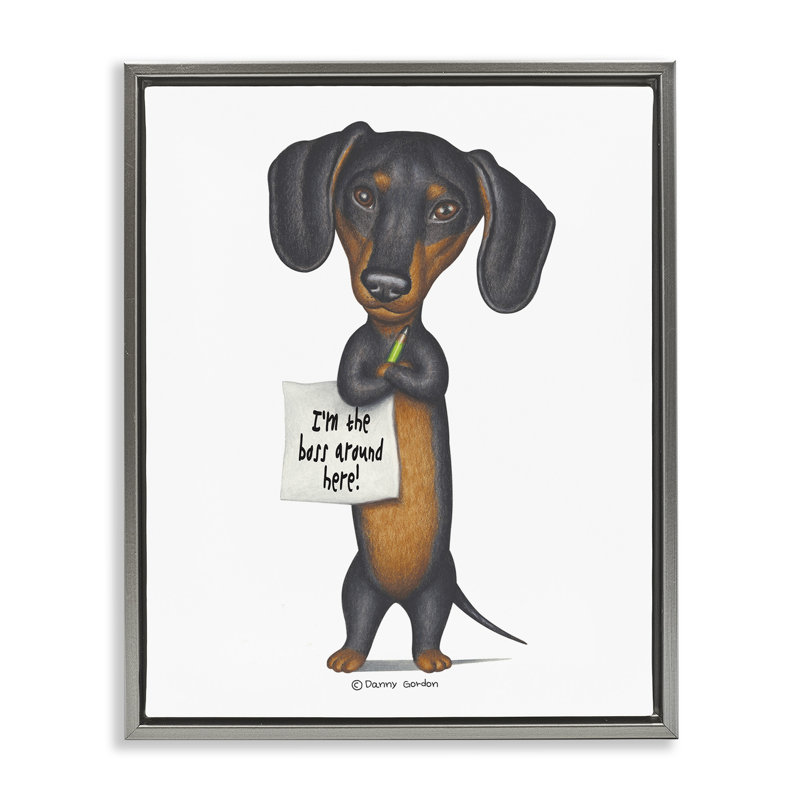 Teckel «I'm the Boss» par Danny Gordan, Cadre flottant gris lustré, H 17 po x l 21 po