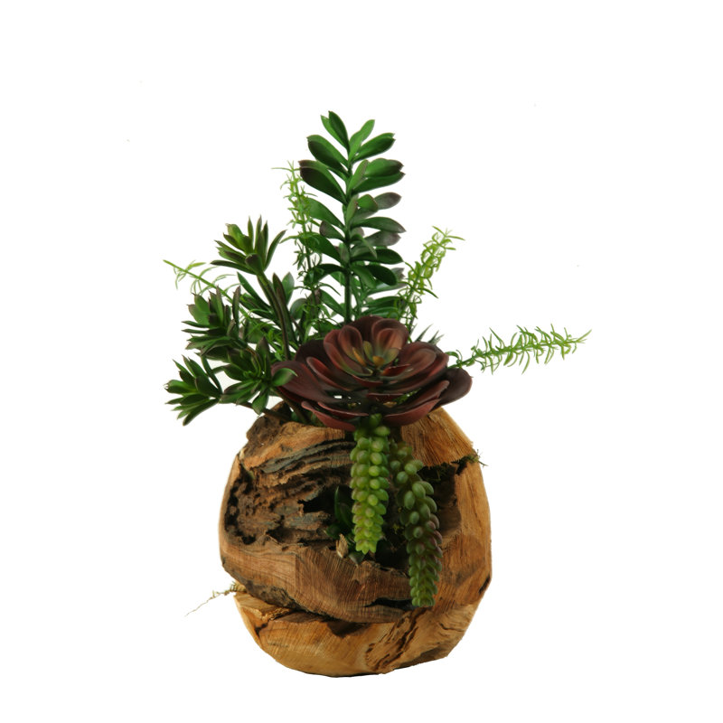 Faux Succulent in Solid Wood Planter