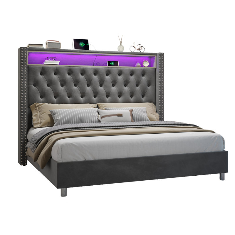 Lit plateforme tapissier Mansuur, gris, Grand