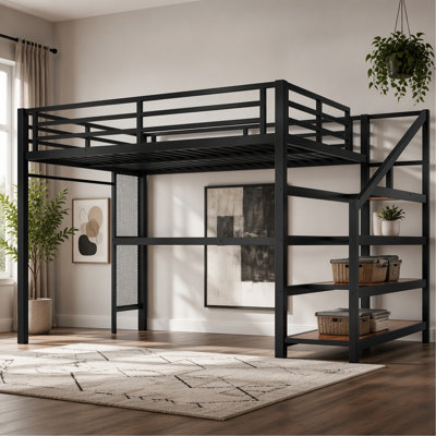 Grand lit mezzanine avec bureau et escalier de rangement, lits mezzanine en métal avec lumières DEL, ports USB, filets en fer multifonctionnels, aucune boîte à ressorts nécessaire et sans bruit, noir