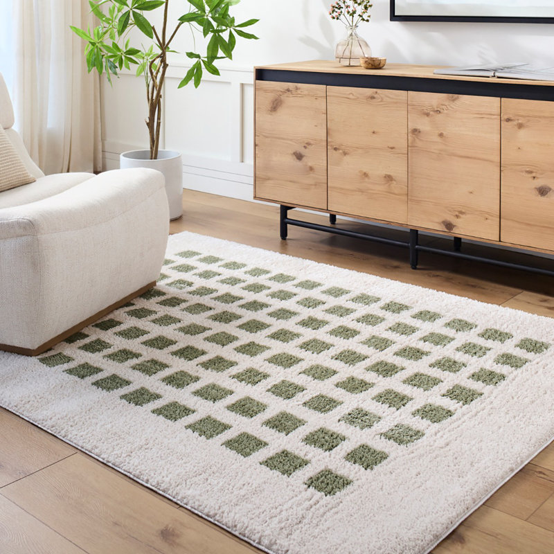Green Modern Shaggy Washable Rug, Chequered Anti - Slip Rug For Living Room, Dining Room, Bedroom, Kitchen