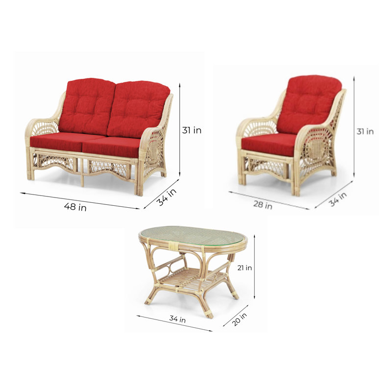 Natural Rattan Wicker Lounge Set with Red Cushions and Glass Coffee Table