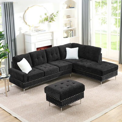 Sectional 3-Seaters Sofa With Chaise, Storage Ottoman, Metal Legs And Copper Nails