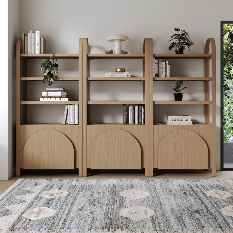 Bibliothèque à 3 niveaux avec base d'armoire et structure en bois massif (ensemble de 3 pièces), Chêne brut