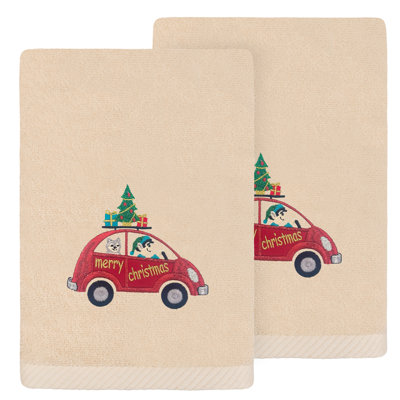 The Holiday Aisle® Christmas Car - Embroidered Luxury 100% Turkish Cotton Hand Towels (Set Of 2)