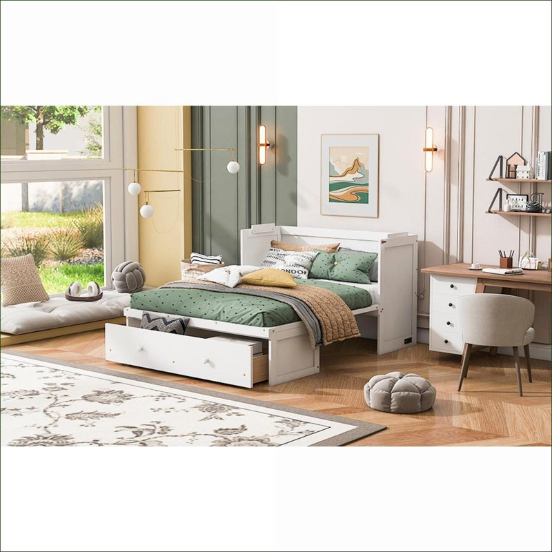 Full Size Solid Pine Wood MDF Storage Murphy Bed No Box Spring Needed White for Small Spaces Guest Rooms, White