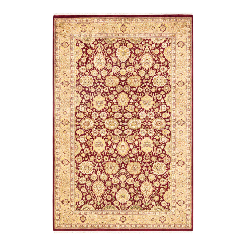 Hand-Knotted Red and Beige Wool Rectangular Area Rug