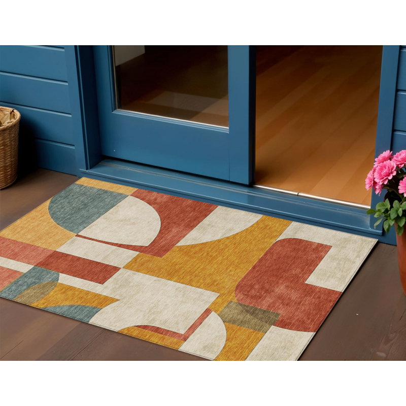 Fagundes 3' X 5' Coral Gold And Ivory Geometric Washable Indoor Outdoor Area Rug