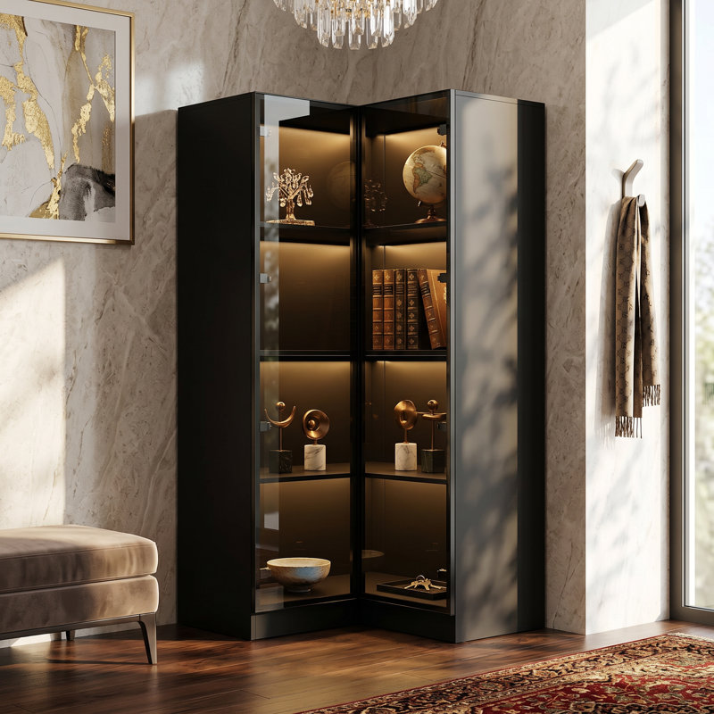 Vitrine de coin en verre avec DEL 3 couleurs - noir