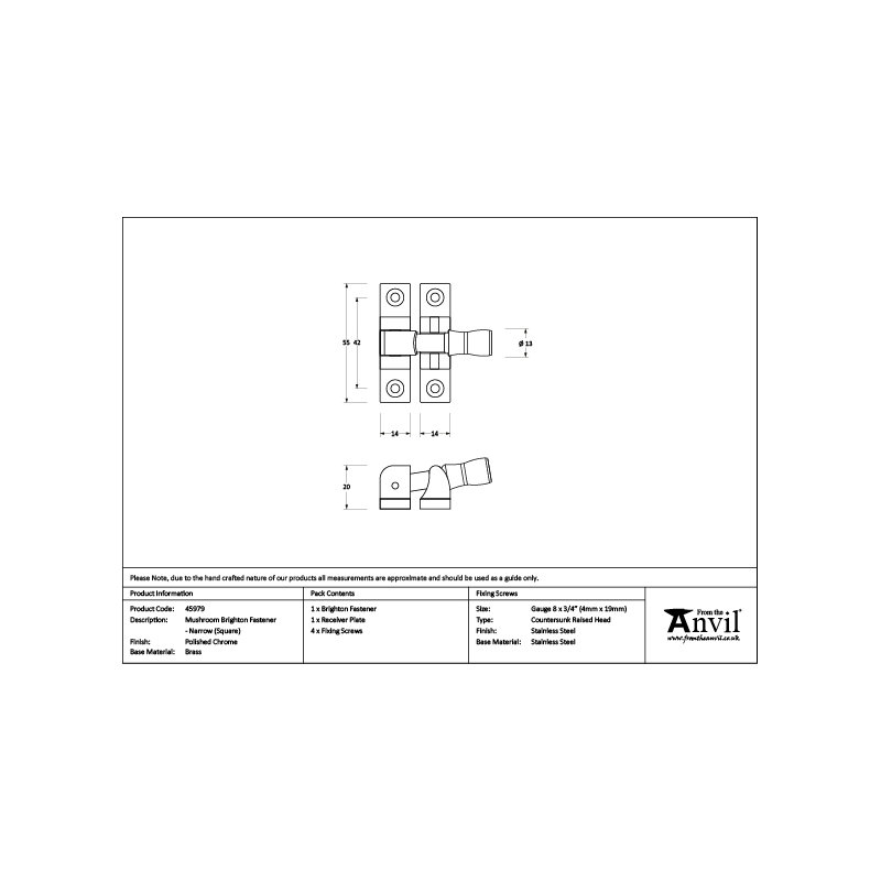 Mushroom Brighton Fastener - Narrow (Square), Polished Chrome