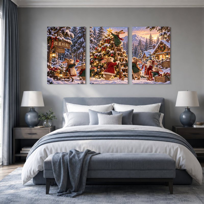Ensemble de 3 toiles murales de Noël représentant des lapins décorant un sapin dans une forêt enneigée