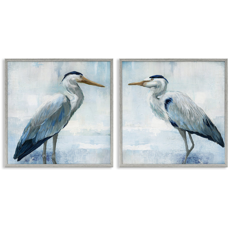 Ensemble de 2 giclées encadrées Faded Blue Coastal Herons, design par Nan, Giclée de ferme grise encadrée, H 24 po x l 24 po