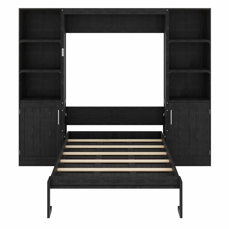 Lit escamotable en bois robuste avec tablettes et armoires de rangement combinées