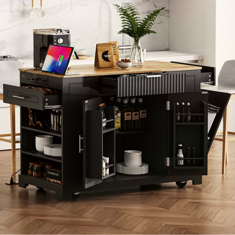 Îlot de cuisine cannelé avec armoire de rangement pour poubelle, prise de courant, support de rangement interne, îlots de cuisine roulants sur 5 roues avec 3 tiroirs, 3 supports latéraux ouverts pour poubelle de 10 gallons, noir