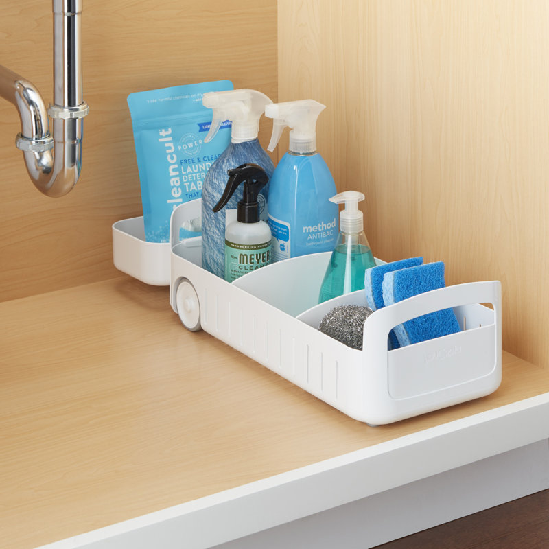 White Rolling Storage Bin with Adjustable Dividers and Basket