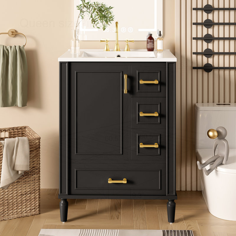Meuble-lavabo moderne 24 po avec lavabo en céramique, Noir