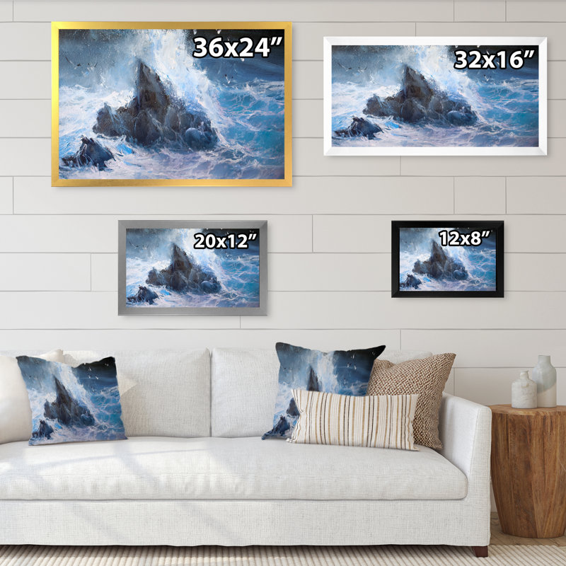 Tempête de vagues se brisant sur des rochers - Peinture sur toile, H 24 po x l 36 po x P 1 po, Cadre photo argenté