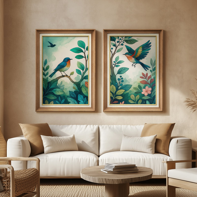 «Birds and Blossoms Botanical Nature Scene», ensemble de 2 reproductions d'art mural encadrées de qualité supérieure sur papier 26 po x 36 po
