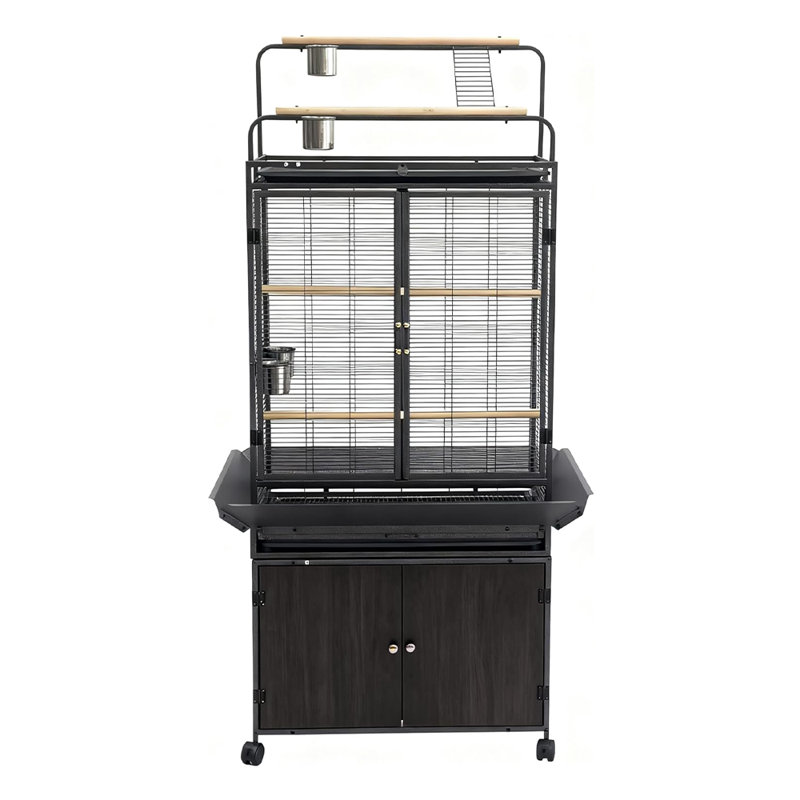 Grande cage à oiseaux roulante 71 po avec plateau de jeu et armoire de rangement, cage à perruque en fer forgé noyer noir pour aras, perroquets, cockatiels et perruches