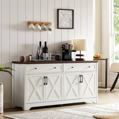 Tv Stand For Living Room, 61 Inch, Multifunctional Storage, White + Walnut, 60 - 69 Inch Tvs Fit Cabinet, Home Office, And Holds