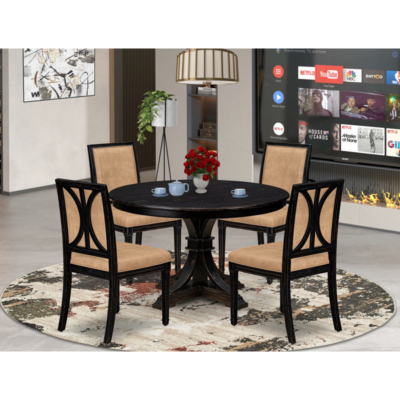 L'ensemble de table de salle à manger moderne 5 pièces se compose d'une table de salle à manger et de 4 chaises de salle à manger modernes en tissu de polyester beige avec dossier haut - fini noir sablé