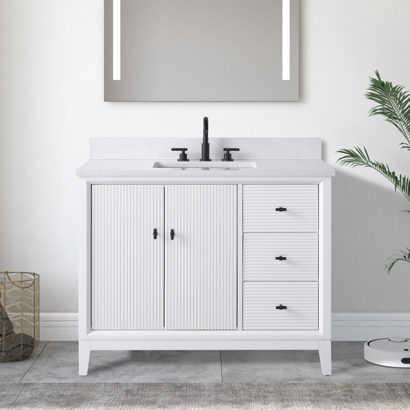 Meuble-lavabo simple 42 po avec plateau en marbre, Blanc, Blanc Ariston, Noir mat