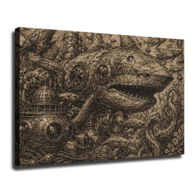 Steampunk requin sous-marin sous l'eau océan, eau-forte, art mural