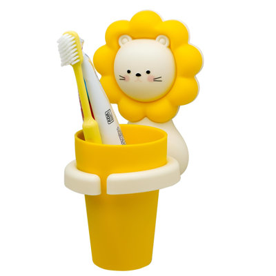 Cute Toothbrush Holder With Cup & Toothpaste Wall Mounted, Adhesive Bathroom Organizer,(Yellow Lion)