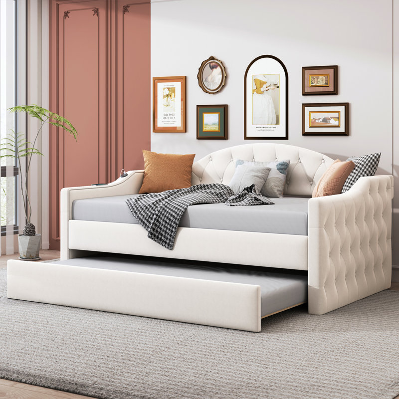 Twin Size Tufted Upholstered Motohiko With Trundle ,Velvet Sofabed With USB&Type-C Charging Ports, Beige