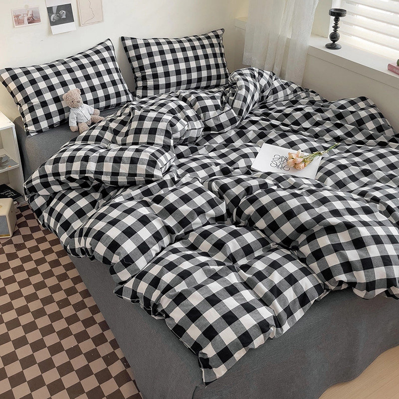 Ensemble de housse de couette en vichy à carreaux 100% coton lavé Life, Housse de couette très grand et 2 taies d'oreille