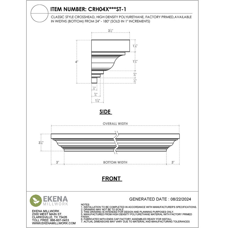 Endurathane Classic Crosshead, 80" Bottom Width x 86" Top Width x 4 1/2"H x 1/2"P, Factory Primed, 80 inches