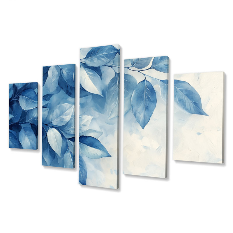 Soft Leaves In Hazy Blues Watercolor II - Plants Wall Art - Tradition Wall Art Set Diamond
