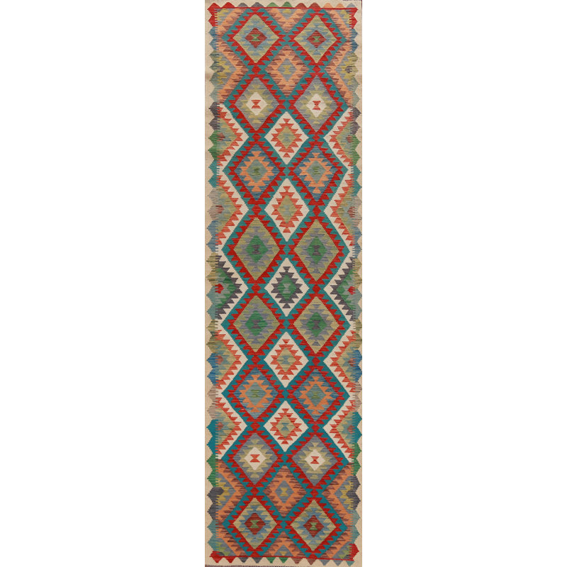 Tapis de couloir oriental géométrique en laine Kilim 3 x 13
