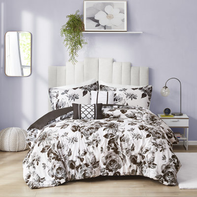 Édredon pleine grandeur à imprimé floral avec microfibre ultra douce noire et blanche, 2 taies décoratives, coussin décoratif pour lit simple TG, sur-imprimé, rembourrage, 1 taie décorative, coussins,
