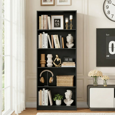 Modern 5-Shelf Engineered Wood Bookcase with Reinforced Back Panel and Stable Closed Base