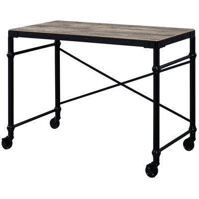 Bureau d'écriture rustique en chêne et noir avec roues ergonomiques pour roues de style industriel