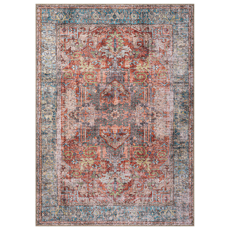 Labarbera Oriental Machine Washable Red/Blue Non-Slip Backing Area Rug, Rectangle 3'3" x 5