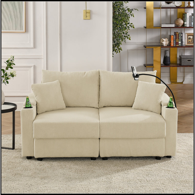 Canapé moderne avec causeuse avec rangement, canapé à assise profonde avec porte-gobelets et porte-téléphone, canapé en velours côtelé beige pour le salon
