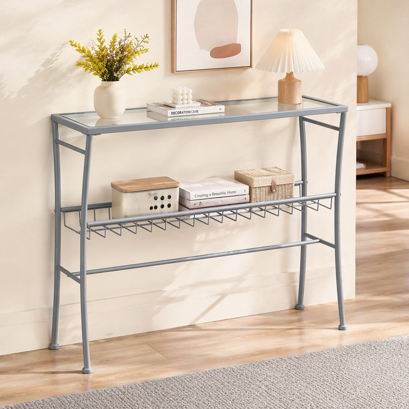 Table d'appoint, console, vestibule, étroit, canapé, salon, chambre à coucher, verre trempé transparent, métal argenté, contemporain, moderne
