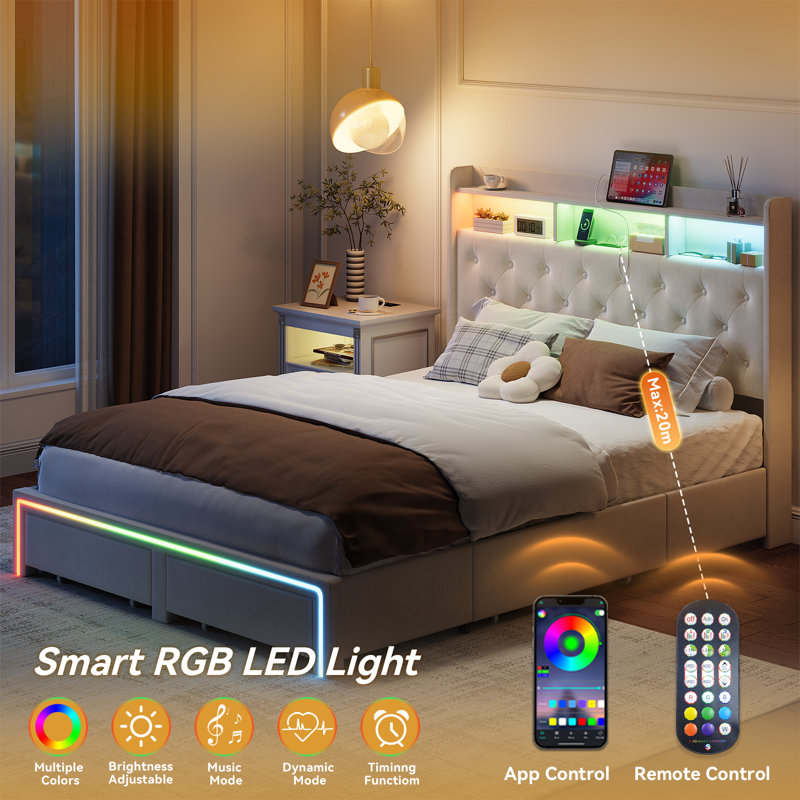 Upholstered Bed With Drawers,Led Lights,Bookcase And Charging Station, Queen