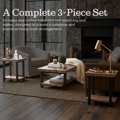 Pomona 3-Piece Living Room Table Set – 48” Coffee Table with Storage Shelf & 2 End Tables