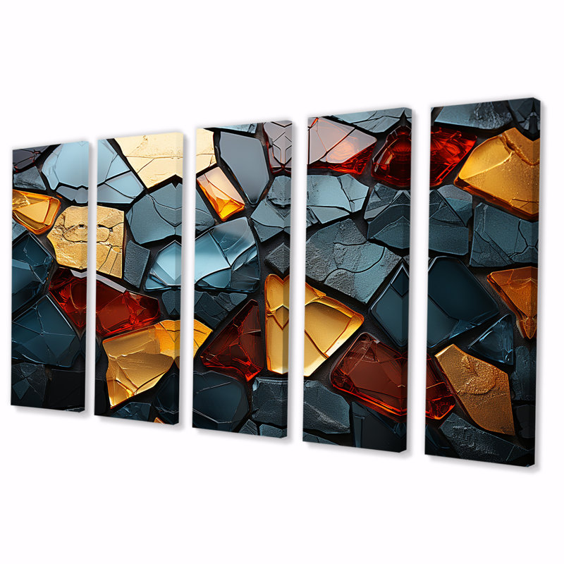 Gold And Blue Mosaic Tiles I - Abstract Marble 5 Piece Wall Art, 28" H x 60" W