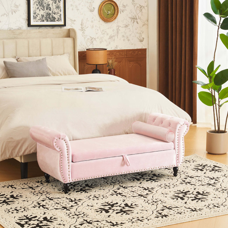 Banc de rangement en velours Bentlee , Rose pastel