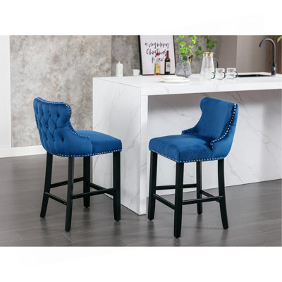 Contemporary Velvet Upholstered Wing-Back Barstools With Button Tufted Decoration And Wooden Legs, And Chrome Nailhead Trim, Leisure Style Bar Chairs, Set Of 2